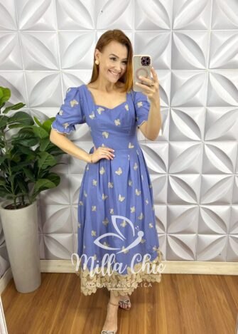 Vestido Leise Mídi Evase Barrado Guipper Bicolor Cleusa - Azul - Milla Chic
