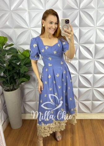 Vestido Leise Mídi Evase Barrado Guipper Bicolor Cleusa - Azul - Milla Chic