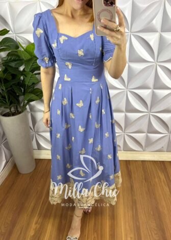 Vestido Leise Mídi Evase Barrado Guipper Bicolor Cleusa - Azul - Milla Chic