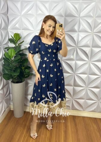Vestido Leise Mídi Três Marias Com Drapeados No Busto Estela - Azul - Milla Chic