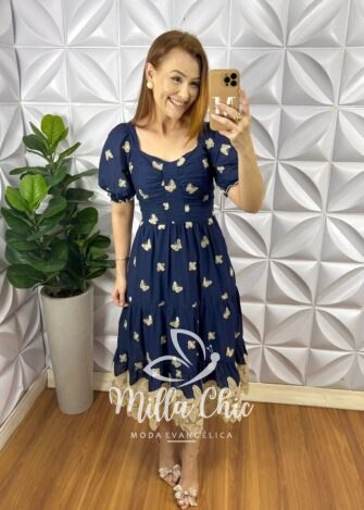 Vestido Leise Mídi Três Marias Com Drapeados No Busto Estela - Azul - Milla Chic