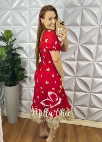 Vestido Leise Mídi Três Marias Com Drapeados No Busto Estela - Vermelho - Milla Chic