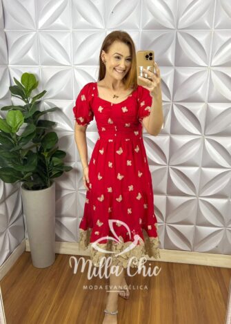 Vestido Leise Mídi Três Marias Com Drapeados No Busto Estela - Vermelho - Milla Chic