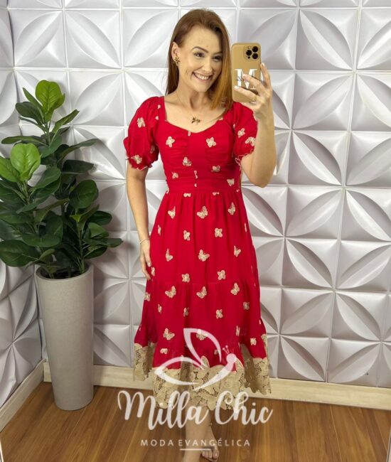 Vestido Leise Mídi Três Marias Com Drapeados No Busto Estela - Vermelho - Milla Chic