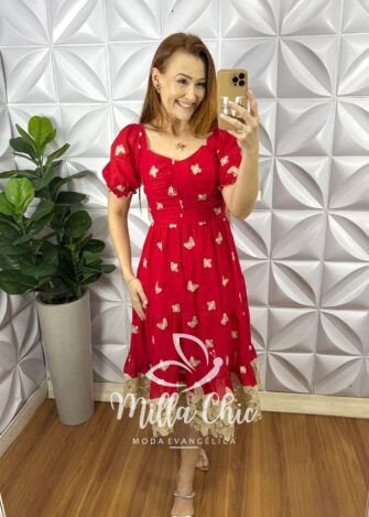 Vestido Leise Mídi Três Marias Com Drapeados No Busto Estela - Vermelho - Milla Chic