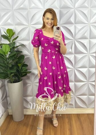 Vestido Leise Mídi Três Marias Com Drapeados No Busto Estela - Roxo - Milla Chic