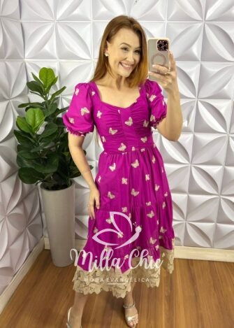 Vestido Leise Mídi Três Marias Com Drapeados No Busto Estela - Roxo - Milla Chic