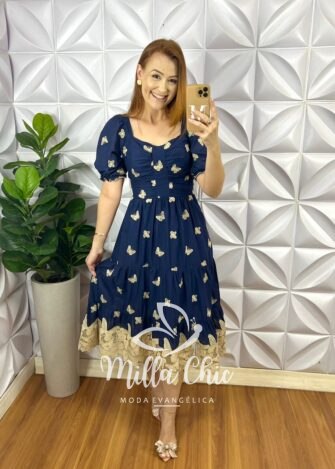 Vestido Leise Mídi Três Marias Com Drapeados No Busto Estela - Azul - Milla Chic