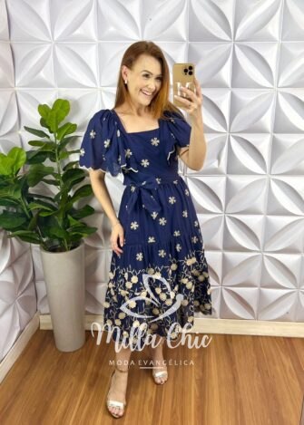Vestido Lesie 3D Manga Raglan Com Lastex Nas Costas Super Midi Três Marias Samara - Azul - Milla Chic