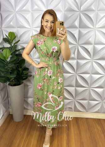 Vestido Linhão Mídi Com Pregas E Lastex Estampado Mari - Verde - Milla Chic