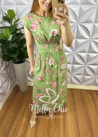 Vestido Linhão Mídi Com Pregas E Lastex Estampado Mari - Verde - Milla Chic