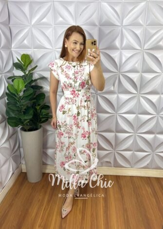 Vestido Linhão Mídi Com Pregas E Lastex Estampado Mari - Branco - Milla Chic