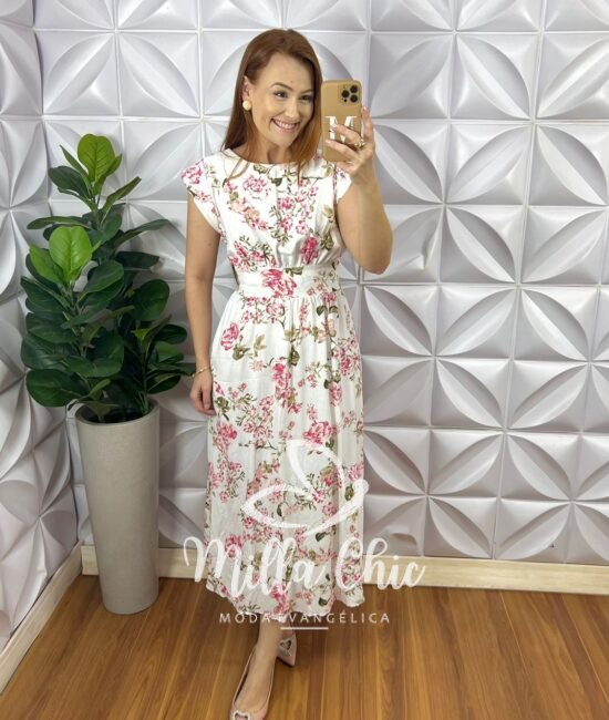 Vestido Linhão Mídi Com Pregas E Lastex Estampado Mari - Branco - Milla Chic