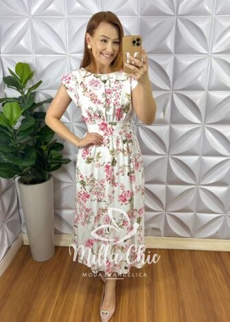 Vestido Linhão Mídi Com Pregas E Lastex Estampado Mari - Branco - Milla Chic