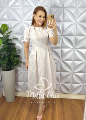 Vestido Linho Godê Mídi Com Manga Princesa Listrado Carmem - Areia Com Rosa - Milla Chic