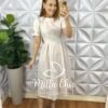 Vestido Linho Godê Mídi Com Manga Princesa Listrado Carmem - Areia Com Rosa - Milla Chic
