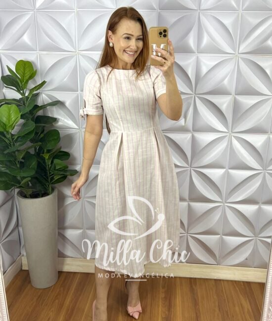 Vestido Linho Godê Mídi Com Manga Princesa Listrado Carmem - Areia Com Rosa - Milla Chic