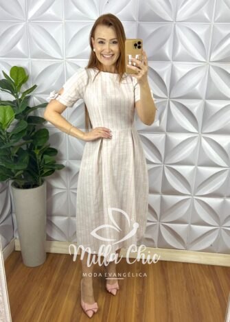 Vestido Linho Godê Mídi Com Manga Princesa Listrado Carmem - Areia Com Rosa - Milla Chic