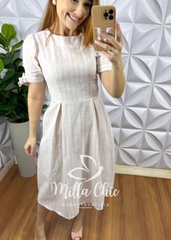 Vestido Linho Godê Mídi Com Manga Princesa Listrado Carmem - Areia Com Rosa - Milla Chic