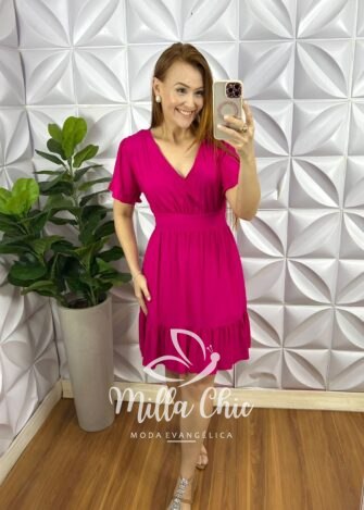 Vestido No Viscose Curto Manga Com Babadinho Fabia - Pink - Milla Chic