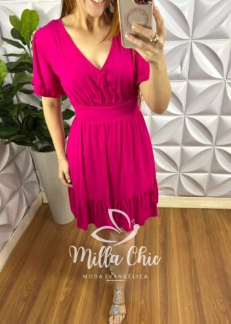 Vestido No Viscose Curto Manga Com Babadinho Fabia - Pink - Milla Chic