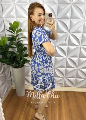 Vestido No Viscose Curto Manga Com Estampado Babadinho Fabia - Azul - Milla Chic
