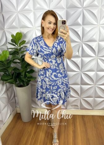 Vestido No Viscose Curto Manga Com Estampado Babadinho Fabia - Azul - Milla Chic
