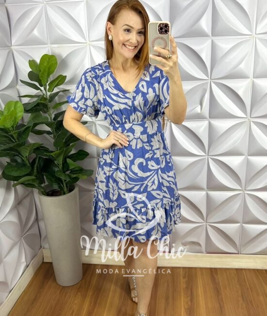 Vestido No Viscose Curto Manga Com Estampado Babadinho Fabia - Azul - Milla Chic