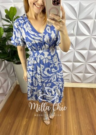 Vestido No Viscose Curto Manga Com Estampado Babadinho Fabia - Azul - Milla Chic