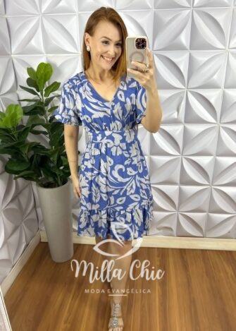 Vestido No Viscose Curto Manga Com Estampado Babadinho Fabia - Azul - Milla Chic