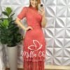 Vestido Renda Chantilly Gola Alta Com Babados Louise - Pêssego - Milla Chic