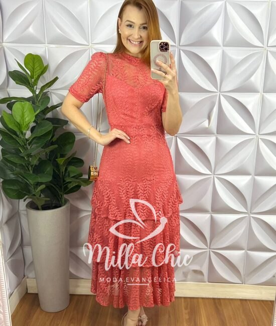 Vestido Renda Chantilly Gola Alta Com Babados Louise - Pêssego - Milla Chic