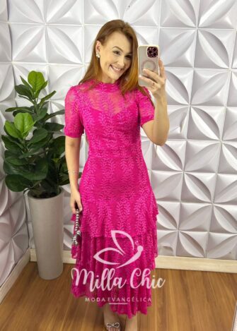 Vestido Renda Chantilly Gola Alta Com Babados Louise - Pink - Milla Chic