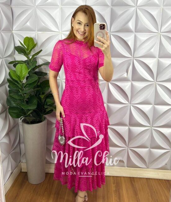 Vestido Renda Chantilly Gola Alta Com Babados Louise - Pink - Milla Chic