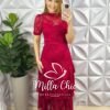 Vestido Renda Chantilly Gola Alta Com Babados Louise - Vermelho - Milla Chic
