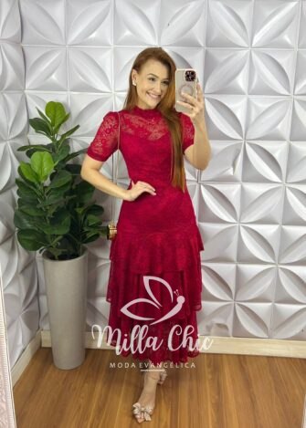 Vestido Renda Chantilly Gola Alta Com Babados Louise - Vermelho - Milla Chic
