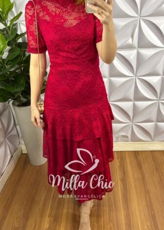 Vestido Renda Chantilly Gola Alta Com Babados Louise - Vermelho - Milla Chic