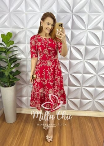 Vestido Leise Bordado 3D Manga 3/4 Mídi Evase Com Babado Na Barra Liza - Vermelho - Milla Chic