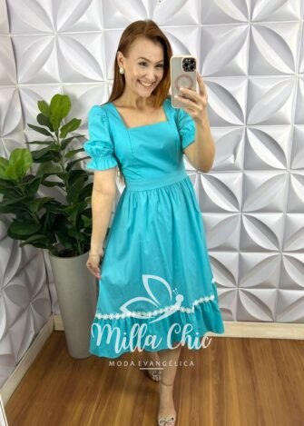 Vestido Tricoline Mídi Com Entremeio De Guippir Ana Beatriz - Verde Agua - Milla Chic