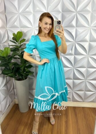 Vestido Tricoline Mídi Com Entremeio De Guippir Ana Beatriz - Verde Agua - Milla Chic
