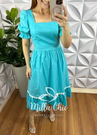 Vestido Tricoline Mídi Com Entremeio De Guippir Ana Beatriz - Verde Agua - Milla Chic