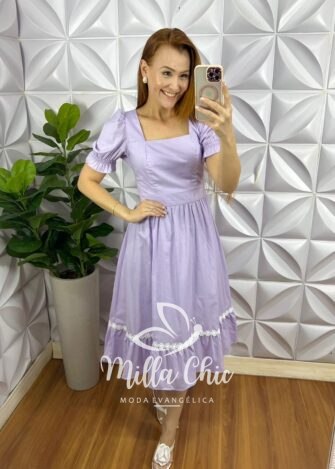 Vestido Tricoline Mídi Com Entremeio De Guippir Ana Beatriz - Lavanda - Milla Chic