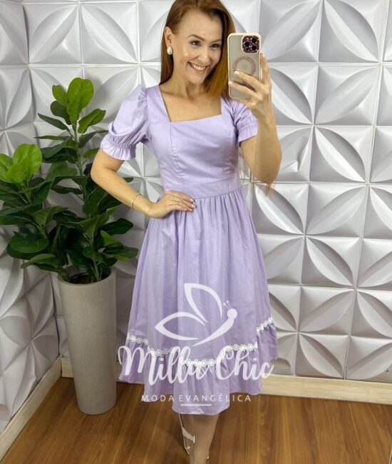 Vestido Tricoline Mídi Com Entremeio De Guippir Ana Beatriz - Lavanda - Milla Chic