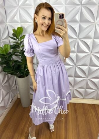 Vestido Tricoline Mídi Com Entremeio De Guippir Ana Beatriz - Lavanda - Milla Chic