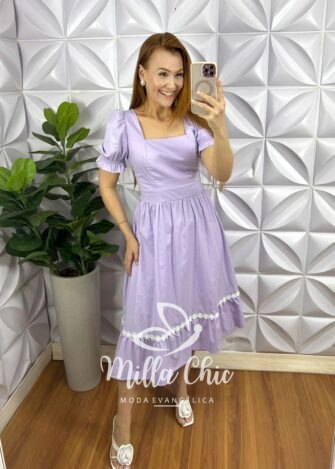 Vestido Tricoline Mídi Com Entremeio De Guippir Ana Beatriz - Lavanda - Milla Chic