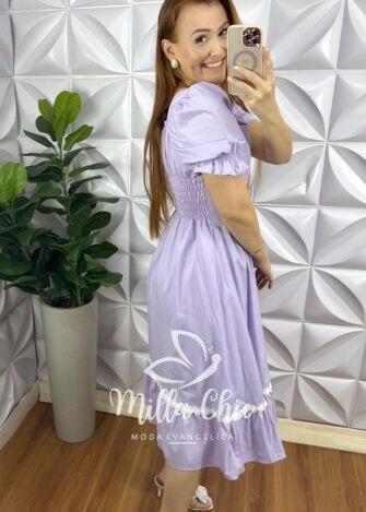Vestido Tricoline Mídi Com Entremeio De Guippir Ana Beatriz - Lavanda - Milla Chic