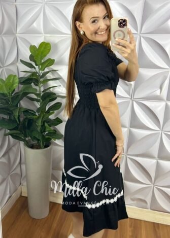 Vestido Tricoline Mídi Com Entremeio De Guippir Ana Beatriz - Preto - Milla Chic