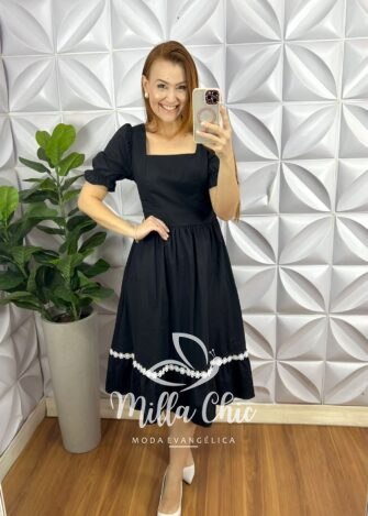 Vestido Tricoline Mídi Com Entremeio De Guippir Ana Beatriz - Preto - Milla Chic