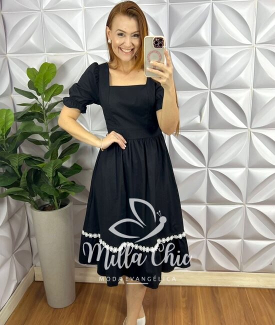 Vestido Tricoline Mídi Com Entremeio De Guippir Ana Beatriz - Preto - Milla Chic