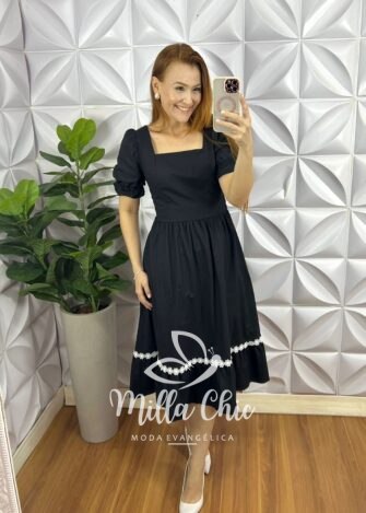 Vestido Tricoline Mídi Com Entremeio De Guippir Ana Beatriz - Preto - Milla Chic